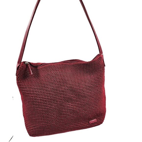 The Sak Red Woven Crochet Shoulder Bag Purse Leather Strap 12"x10"x6" Vintage - Picture 1 of 13